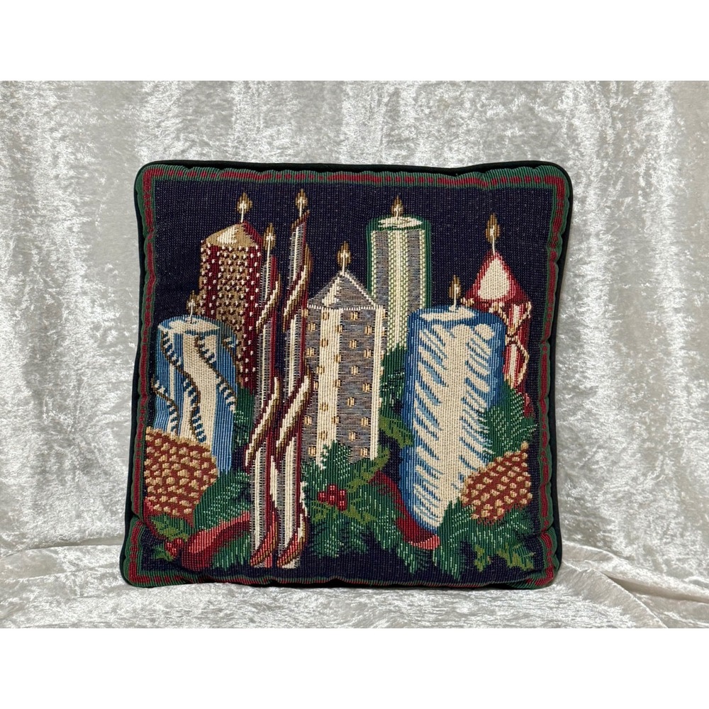 Vintage Christmas Candle Tapestry Accent‎ Pillow Cozy Holiday Decor 18" x 18"